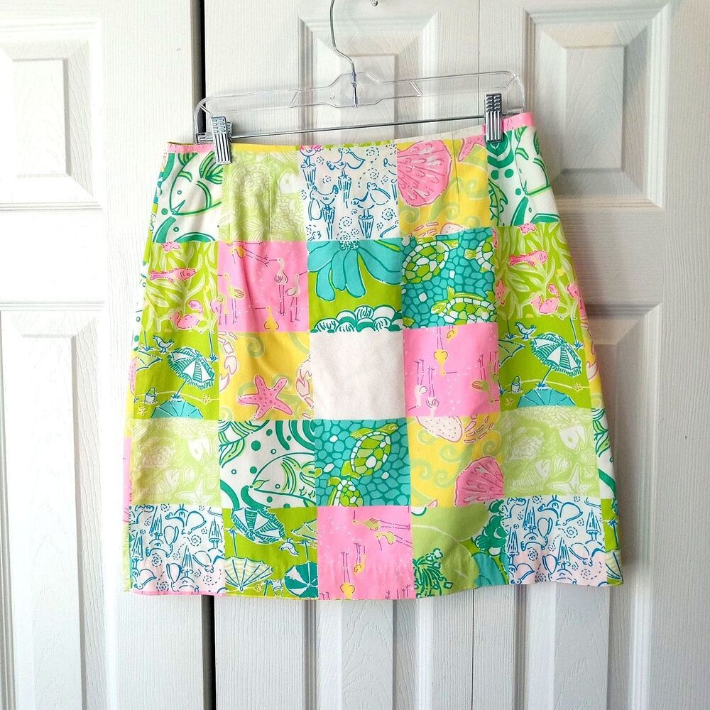 Lilly Pulitzer Size 10 Skirt Colorful Patchwork Preppy Pink Green